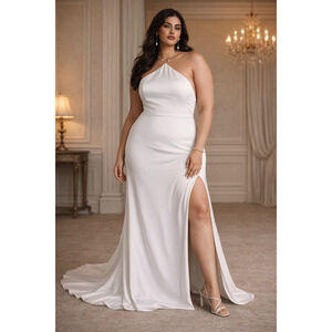 Jenny Yoo Pearl Halter Wedding Dress Size 24 Ivory Slit Open Back Bridal Gown